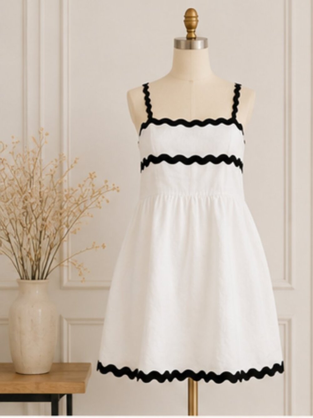 Linen Blend Mini Dress Black Rickrack Trim Size 16 Large Coastal Billy J White